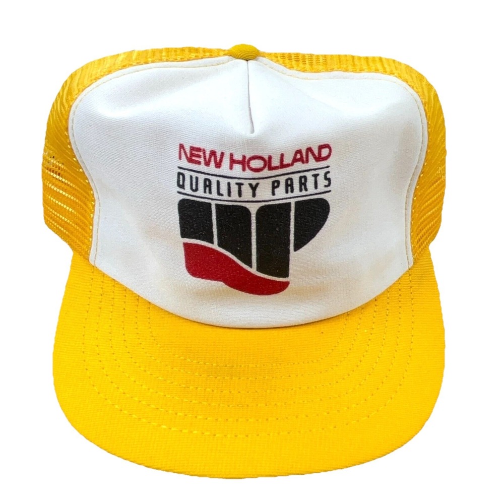 Vintage New Holland Trucker Hat Cap Farm‎ Tractor 80s Yellow White USA Snap Back